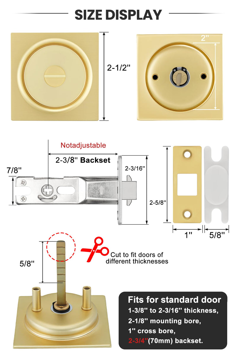 goldenwarm Brushed Gold Pocket Door Lock with Pull, Square Pocket Door Hardware 2-3/8" Backset, Gold Pocket Door Handles 1 Pack 2-3/8” Latch
