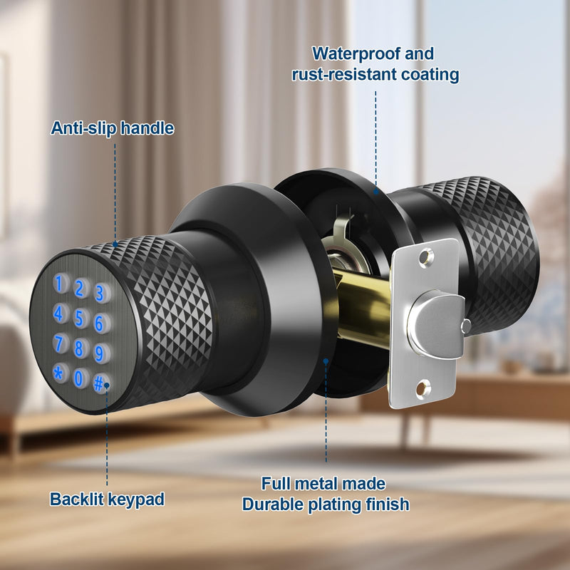 FITNATE Door Knob with Keypad,Digital Door Lock for Keyless Entry,Electronic Door Lock with Spare Keys,Auto Lock, Anti-Slip Handle, Easy to Install for Bedroom,Home and Office Black