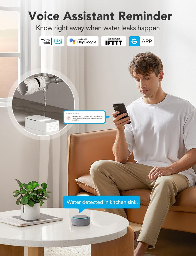 GoveeLife WiFi Water Ieak Detector 2 for Home, Smart Water Ieak Sensor 3 Pack with 100dB Adjustable Alarm and App Alerts, Wireless Detector with 1312 ft Transmission for Basement, Kitchen, Bathroom 1 gateway + 3 sensor