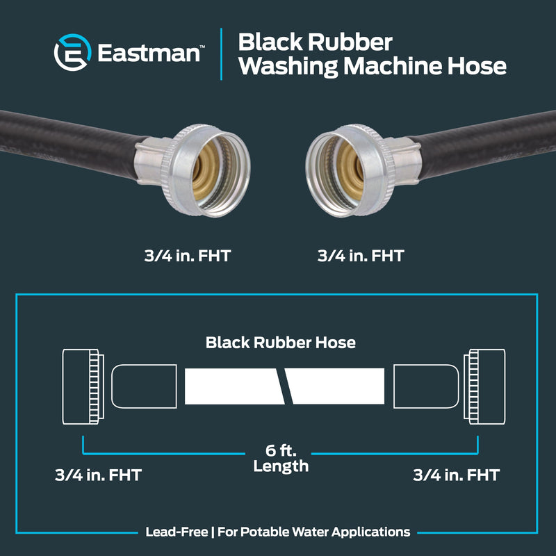 Eastman Rubber Washing Machine Hose, 3/4 Inch FHT x 3/4 Inch FHT Connection, 6 Foot Black Rubber, 60325N 6 Ft.