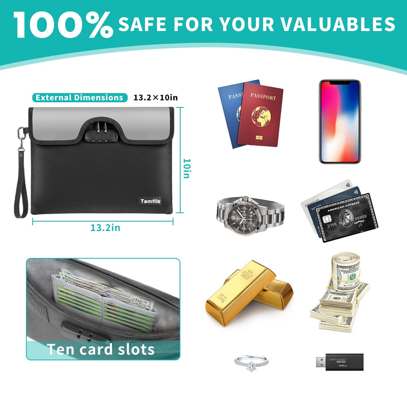5200°F Fireproof Money Bag with Lock, Water Fireproof Document Bag with Zipper, 8 Layers Fire Insulation, Fireproof Safe Storage Pouch with Lock for Cash, Passport, Certificate(10" x 13", Black) Medium Size(10" x 13")