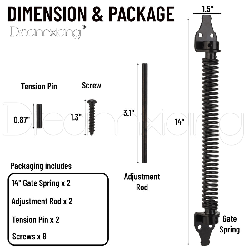 14" Gate Spring Self Closing Heavy Duty Outdoor Door Spring Automatic Fence Gate Closure Hardware Spring Loaded Gate Latch with Adjustable Tool for Wooden and Vinyl Fence, Black (2 Pack) 2 14 Inch