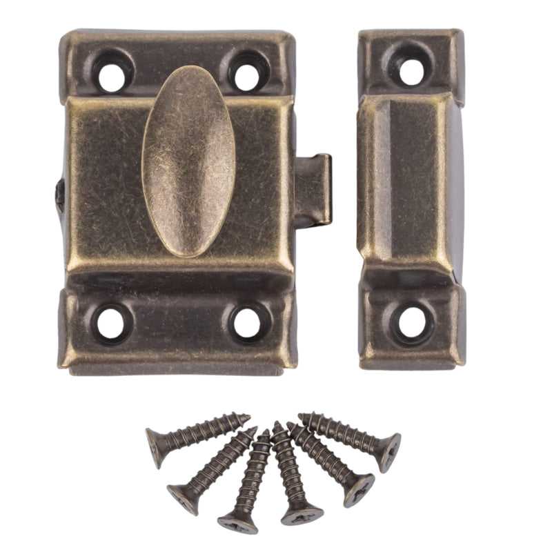 Small Stamped Antique Brass Cabinet Door Latch - 1 7/8" × 1 7/8" - Pack of 6 - Spring Loaded Cupboard Door Latch with Oval Turn - Vintage Cabinet Hardware | UA-141-LAB (6)