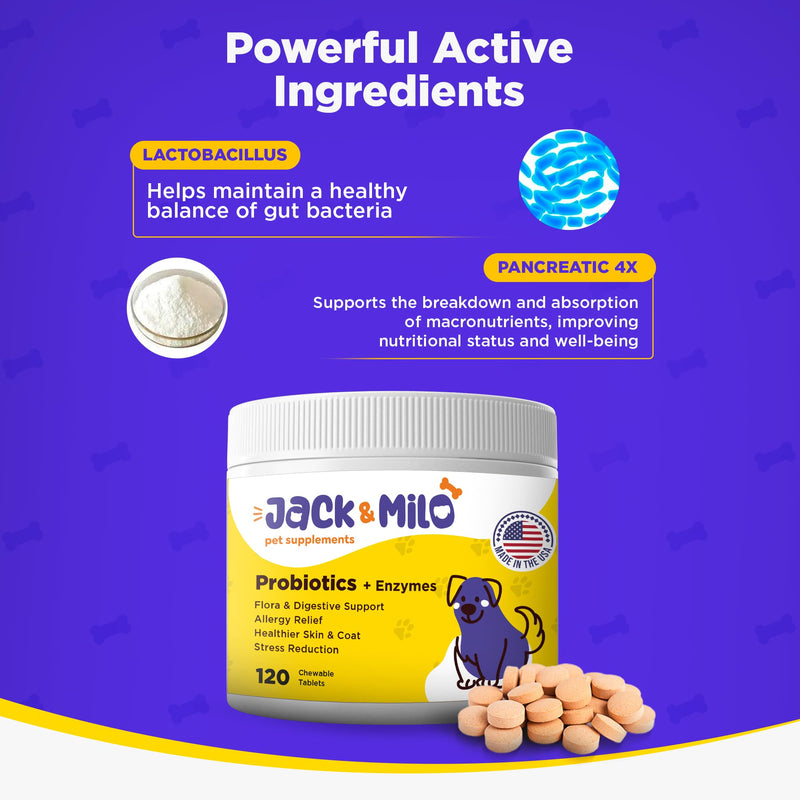 Jack & Milo - Probiotics for Dogs, Digestive Enzymes, Allergy & Immune Support Probiotic-Dog Probiotics, Veterinary Grade, 7.5 Billion CFU's +Pancreatic 4X, Unique Blend- USA Made, 120 Tablets