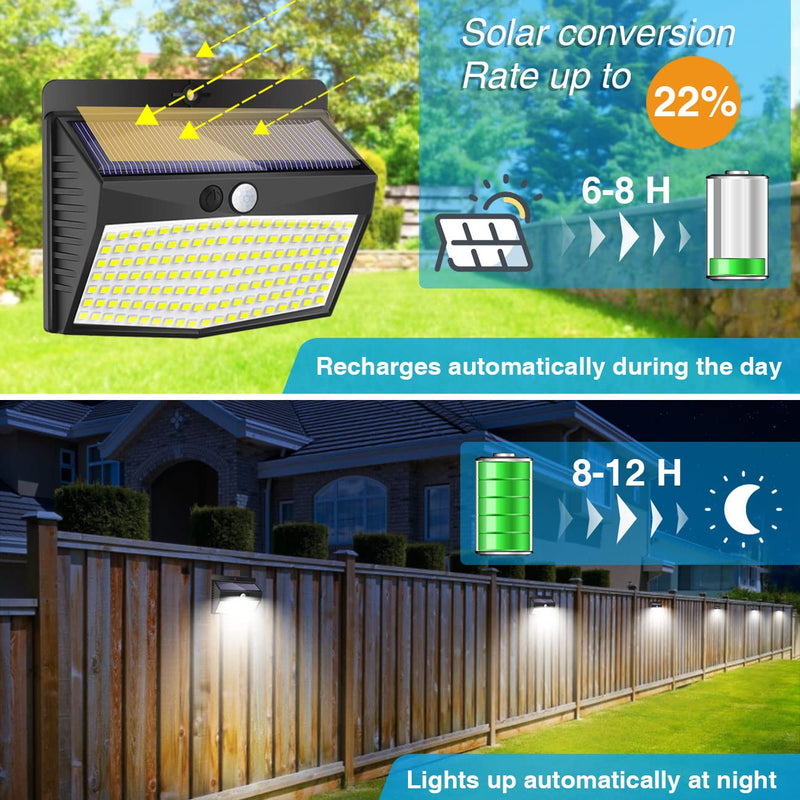 Solar Outdoor Lights, [138 LED/4 Packs] Solar Motion Sensor Security Lights with 3 Lighting Modes Solar Wall Lights Waterproof Solar Powered Lights for Garden Fence Yard Deck Garage Black 4 Pack