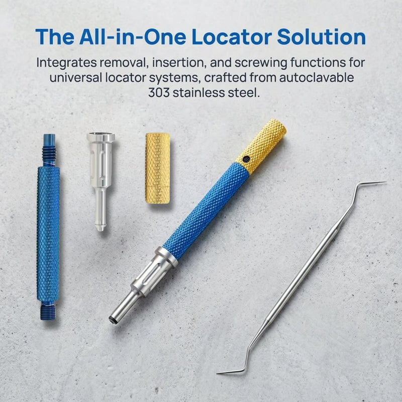 Implant Tooth Locator Core Tool, 3 in 1 Universal Dental Instrument for Overdenture Retention & Insertion, Golden Zinc Alloy with Gloves