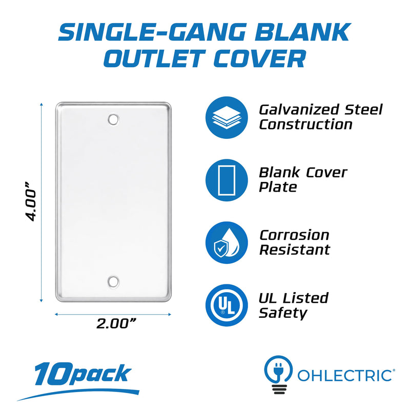 OHLECTRIC 4x2 Single-Gang Blank Outlet Covers (10-Pack) Rectangle Metal Blank Handy Box Cover Plate, Fire-Rated Steel Electrical Box Cover for Junction Boxes & Device Boxes, Durable Metal Covers Blank Covers 10