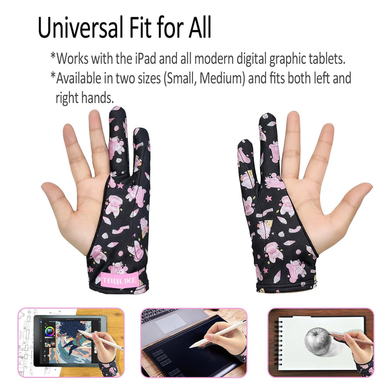 Artist Drawing Glove, Breathable Two Finger Digital Art Glove 3-Layer Palm Rejection Right/Left Hand Digital Graphic Tablet Medium Black-Pink