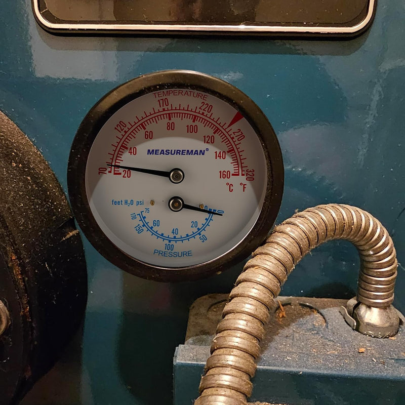 MEASUREMAN Commercial Tridicator Boiler Gauge Kit, 2.5" Dial, 0-75 PSI (ft H₂O) & 70-320°F, 1/4" NPT Back Mount with 1/2" NPT Adapter and O-Ring（2.95'' Stem） 0-75 PSI 70-320°F 2.95'' Stem,with 1/2" NPT Adapter