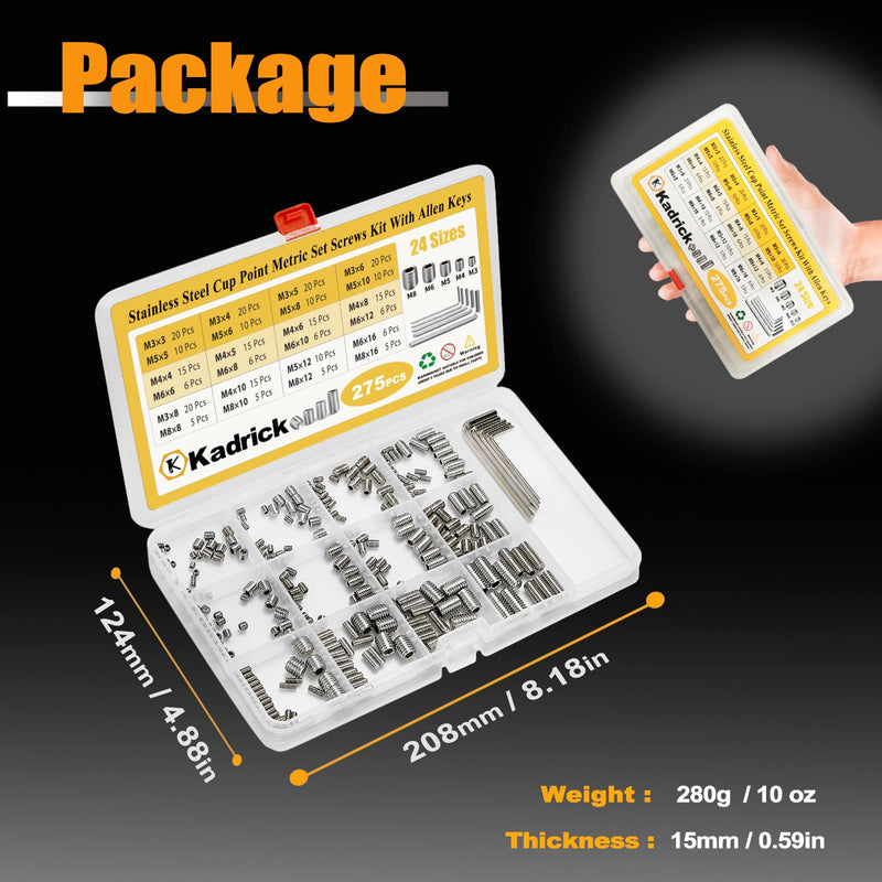 Kadrick 304 Stainless Steel Set Screws, 275 Pcs, M3-M8, 3mm-16mm Lengths 275Pcs Set Screws M3-M8