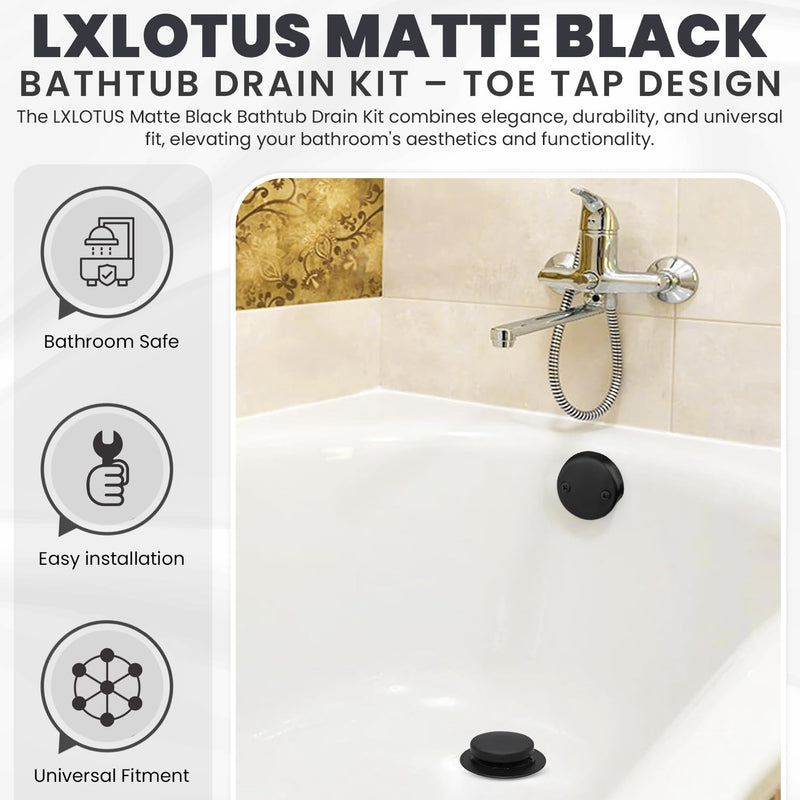 LXLTOUS Matte Black Toe Tap Bathtub Trim Set with Two-Hole Overflow Faceplate, Replacement Tub Drain Kit with 2-Hole Overflow Cover and Universal Fine/Coarse Thread, Fits 1-3/8" and 1-1/2"