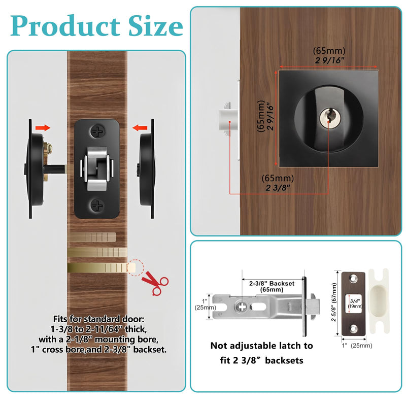Pocket Door Lock with Key, Matte Black Sliding Door Hardware Privacy Door Latch Bifold Door Locks for Bathroom Bedroom Home Replacement, Fit for Standard Doors with 1" Diameter Holes
