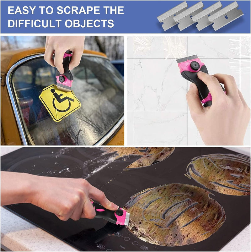 DEKEones Razor Blade Scraper, Double Edged Razorblade Scraping Tool with 10 Pcs Razor Blades, Paint Scraper for Glass, Decals, Tint, Stickers, Labels, Caulk, Adhesive(Pink) 1