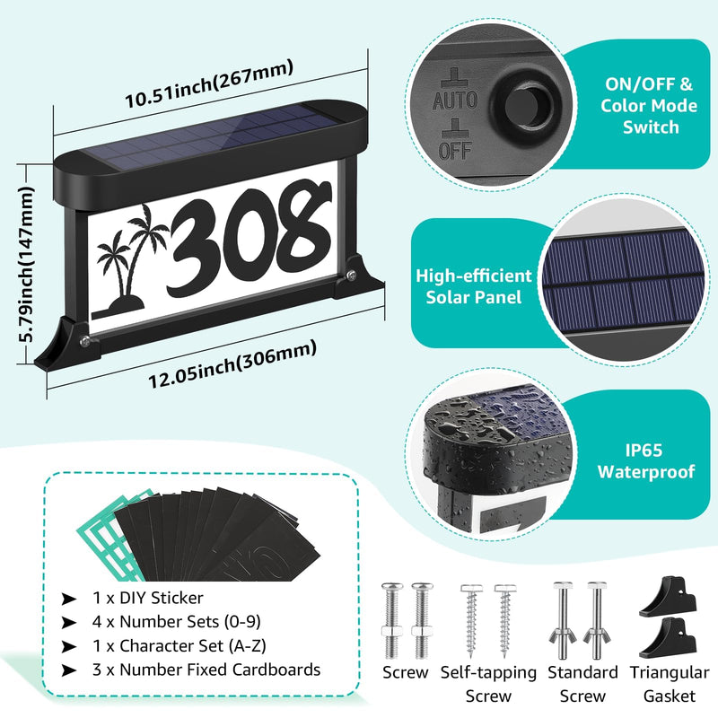 Solar Address Sign, 3-Color Lighting Modes Mailbox Number Plaque Waterproof, Double Sided Light-Emitting Mailbox Topper, LED House Numbers