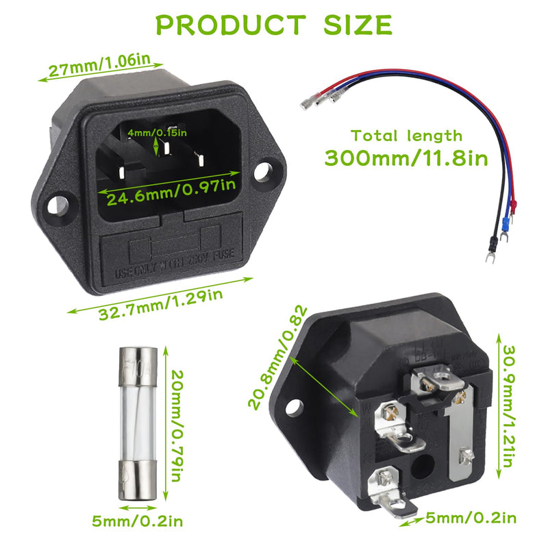 AC 250V 10A 2 in 1 Mount Inlet Module Plug Socket Power Entry Connector Male Blades with 10A Fuse and 18 AWG Extension Cable 6pcs Socket+10pcs fuse+3pcs Cable