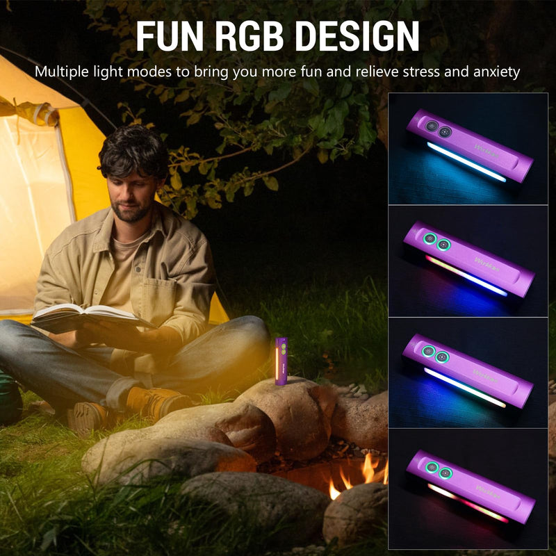 Wurkkos HD01 UV Flashlight, Rechargeable EDC Flashlight, Led Flashlight with 365nm UV Light, 1200 Lumens Flat Flashlight with RGB, Pocket Light for Emergency, Pet Urine Detection(Purple) Purple