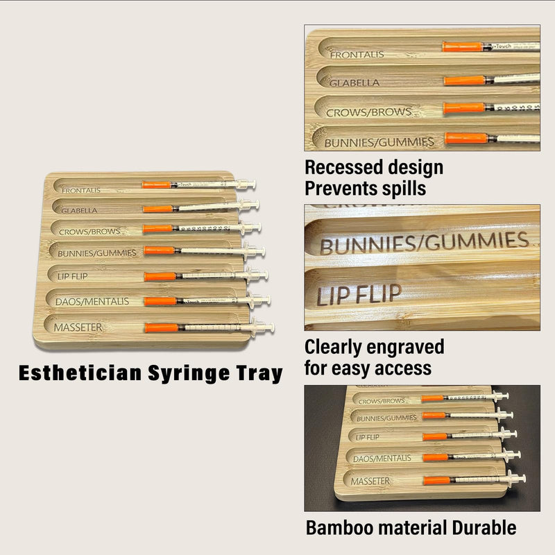 Aesthetic Practitioner Syringe Tray with Slot Label, Bamboo Aesthetic Physician Syringe Preparation Tray, Syringe Tray for Aestheticians and Nurses, Syringe Storage Tray with 7 Flutes