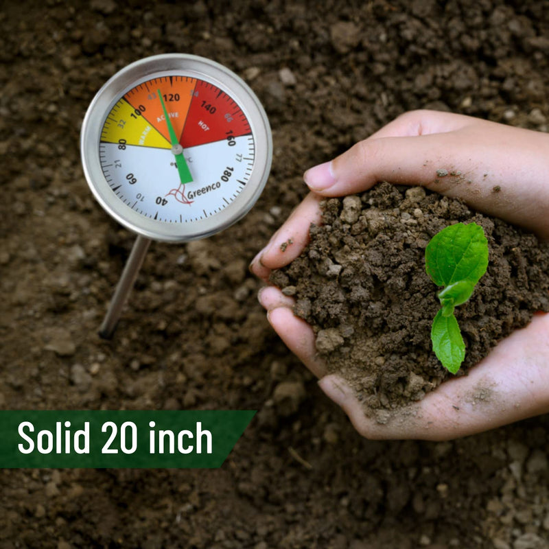 Compost Soil Thermometer by Greenco, Stainless Steel, Celsius and Fahrenheit Temperature Dial, 20 inch Stem