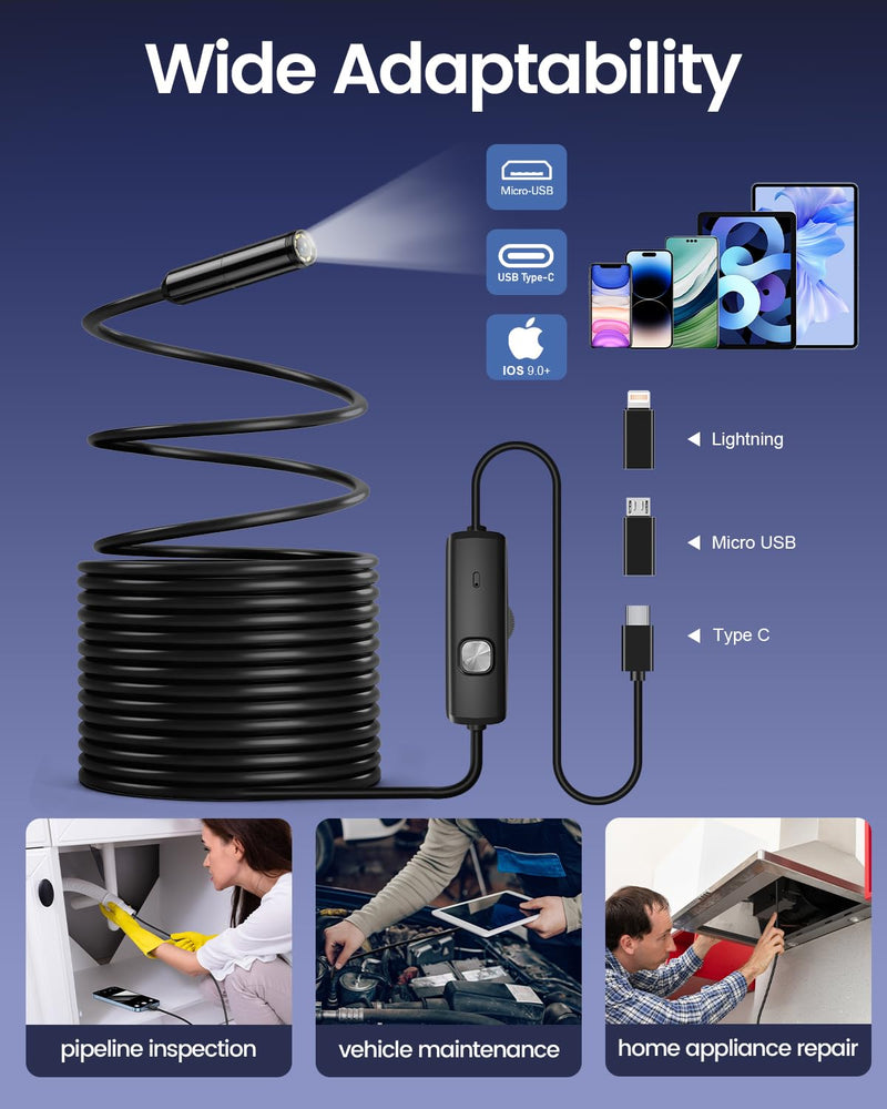 Endoscope Camera with Light, 1920P HD Borescope with 8 Adjustable LED Lights, Snake Camera with Semi-Rigid Cord, IP67 Waterproof Scope Tools for Pipe Inspection for iOS and Android,16.4ft Single Lens