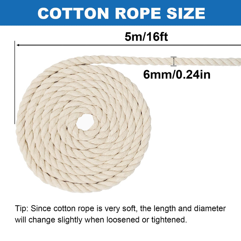 Cotton Rope, Black Cotton Cord, 3 Strand Twisted Macrame Cord (Beige, 6mm x 16 Feet) Beige