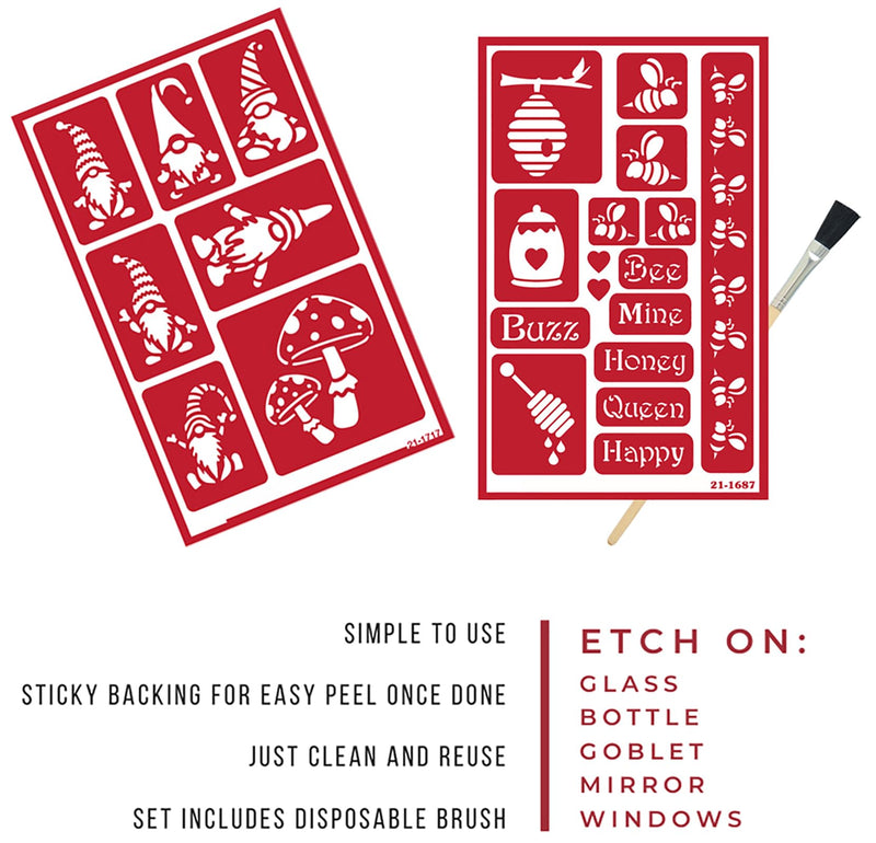 2 Reusable Glass Etching Stencils - Gnome and Honey Bee Themed Etch Stencil - Hive, Bees, Words Theme Design - Set Includes Brush