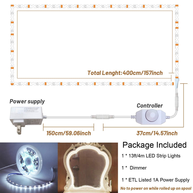 13ft/4M Led Vanity Mirror Lights Kit Bendable NO Need to Cut Vanity Make-up Mirror Cloakroom Adjustable Strip Light Table Set with Dimmer and Power Supply Mirror Not Included (Switch Versions) Switch Versions