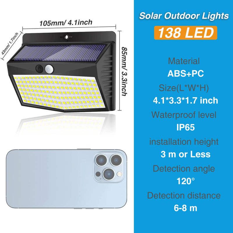 Peasur Solar Lights Outdoor, [138 LED/8 Packs] Solar Motion Sensor Security Light with 3 Lighting Modes Solar Wall Lights Waterproof Solar Powered Lights Outside for Garden Fence Yard Deck Garage Black 8 Pack