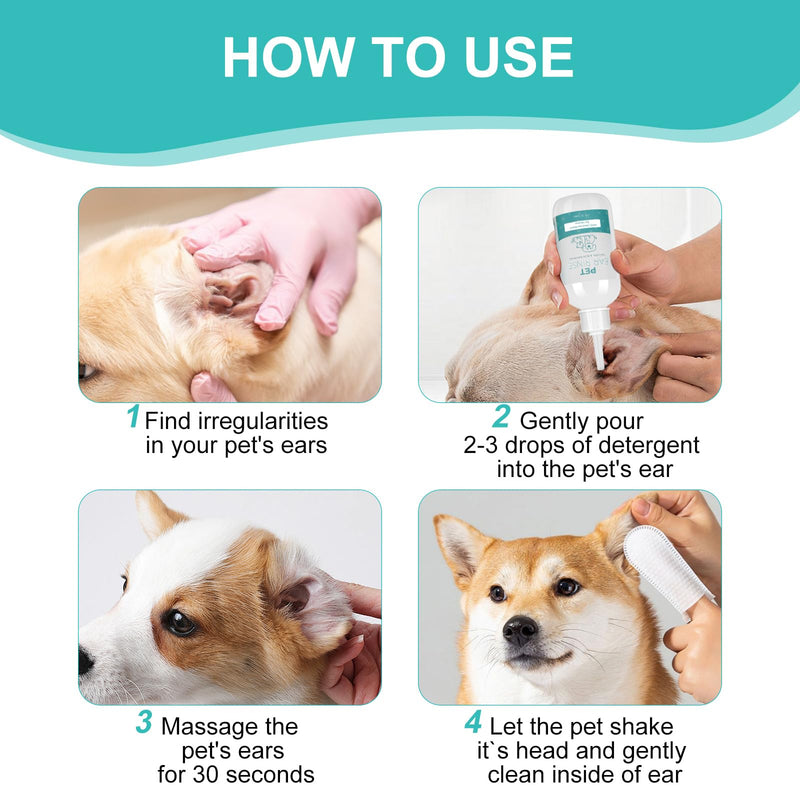 Dog Ear Cleaner Set, Dog Ear Infection Treatment, 4oz Dog Ear Cleaning Solution, 20pcs Cotton Swabs, 20pcs Finger Wipes, Gentle Pet Ear Wash Ear Rinse, Dog Ear Cleaner Kit Care for Dogs & Cats 1 Pcs+20 Wood swabs - PawsPlanet Australia