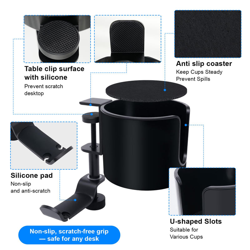 Clamp-On Desk Cup Holder with 360° Rotating Hook – Anti-Spill Drink Holder with No-Scratch Silicone Pads, Fits Mugs & Tumblers – for Home Office, Gaming, Camping & Outdoor Tables