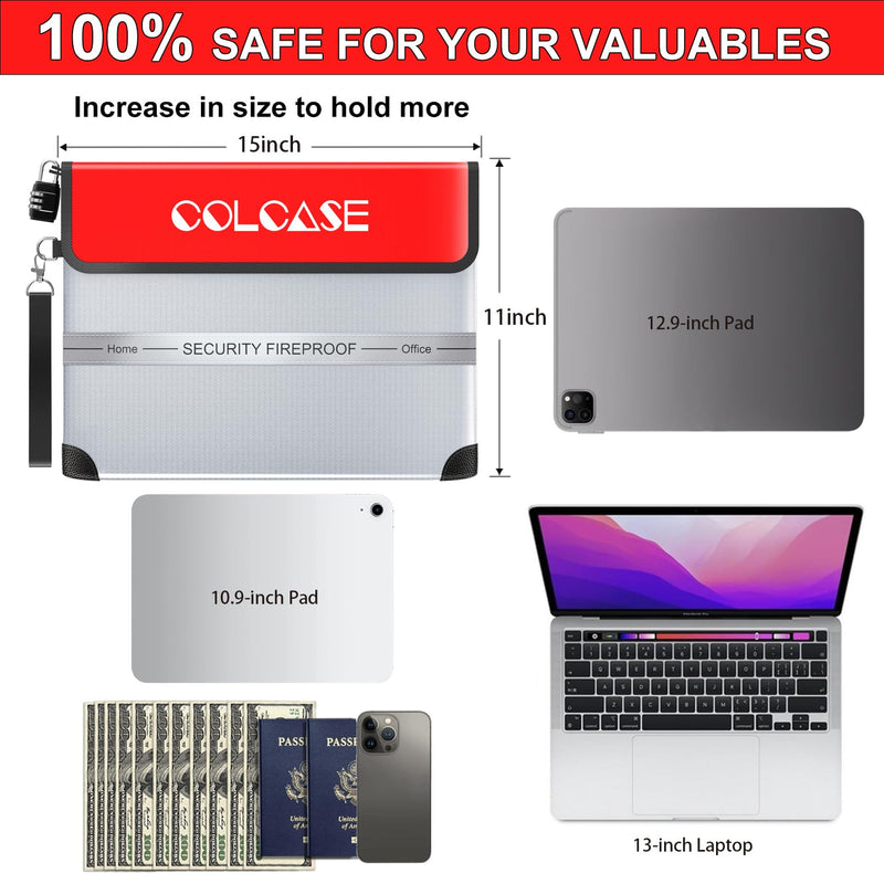 COLCASE Fireproof Document Bag with Lock 5200℉ Heat Insulated Waterproof and Fireproof Bag with Zipper Storage for Money, Documents,Passport and Valuables 15 x 11 inches 5200℉ Bag Silver