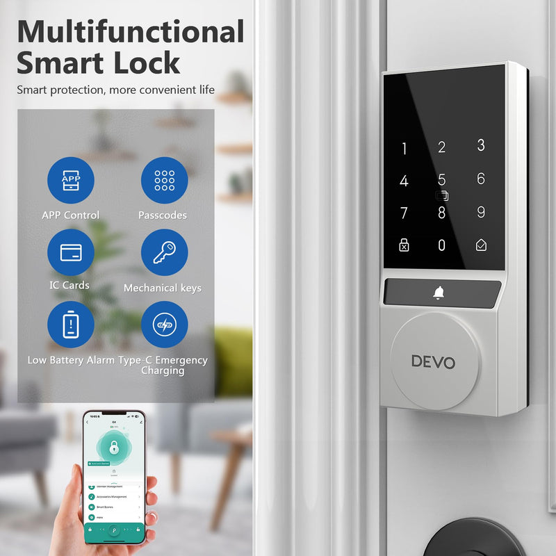 Devo G4 Smart Lock,Keyless Entry Door Lock,Bluetooth Smart Deadbolt, App Remote Control,Digital Touchsreen Keypad Lock, IP54 Waterproof Front & Back Electronic Dook Lock,Auto Locks(Silver) G4 Bluetooth Touchscreen Silver