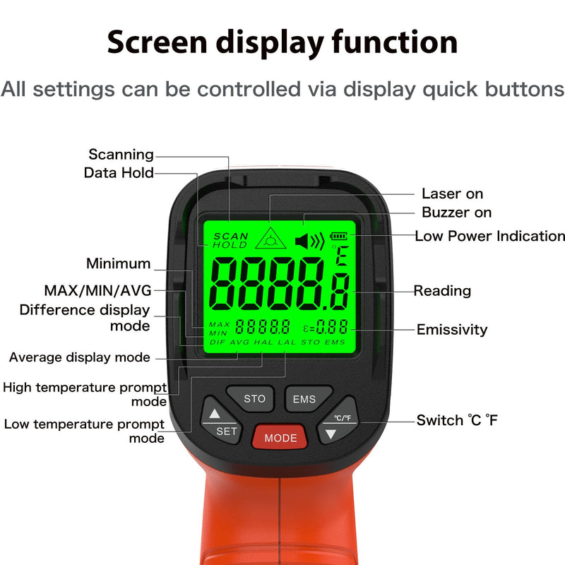 30:1 Infrared Thermometer Gun, -58°F to 2732°F Non-Contact Laser Temperature Gun for Cooking, Pizza Oven, Reptile, Griddle, Digital Heat Gun for HVAC and Industrial Use. Orange