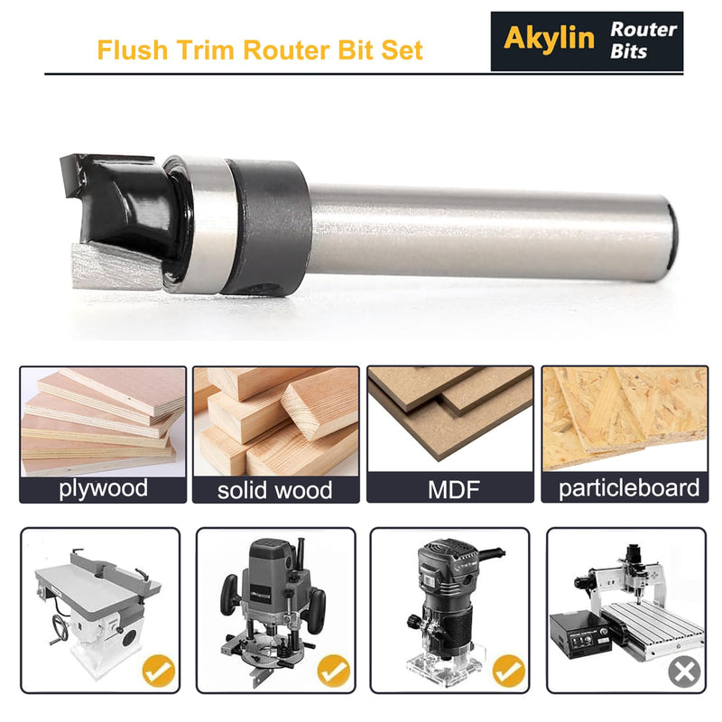 7pcs Pattern Router Bit Top Bearing 1/4 Inch Shank,Top Bearing Flush Trim Router Bit, Router Pattern Bit,Bearing Trimmer and Profiler,Flush Trim Router Bit for Wood Cut,Small Jointing,Trimming 7Pcs*Trim Top Bearing