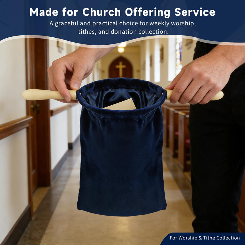 2 Pack Royal Blue Church Offering Bags with Wooden Handles, Velvet Tithe Collection Bags with Neat Open Shape and Lined Interior for Worship Service and Church Giving