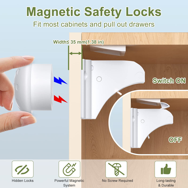 Child Safety Magnetic Cabinet Locks, AOSITE 12 Pack+3 Keys Baby Proofing Magnetic Drawer Locks for Kitchen with Adhesive No Drilling or Screws Fixed, 4 Baby Safety Cabinet Locks for Knobs 1.49in×1.34in×1.54in 12.0