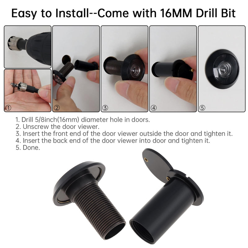 Door Viewer Peephole, Solid Brass 200 Degree Viewer, 5/8 Inch Pipe Diameter Peephole with Privacy Cover for 1-3/8" to 2-1/6" Doors (Black) Black