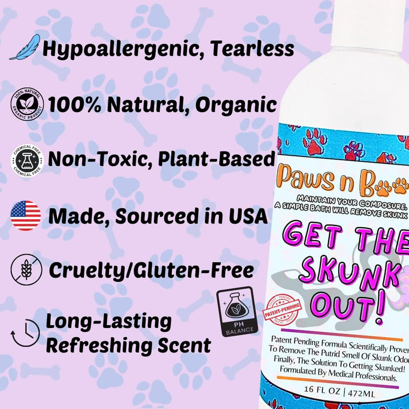 Get The Skunk Out! The Most Effective Skunk Odor Removing Shampoo for Pets Ever Made. All-Natural, Safe, Enzymatic Formula. Patent-Pending Technology. Non-Toxic, Safe to Use on All Pets - PawsPlanet Australia