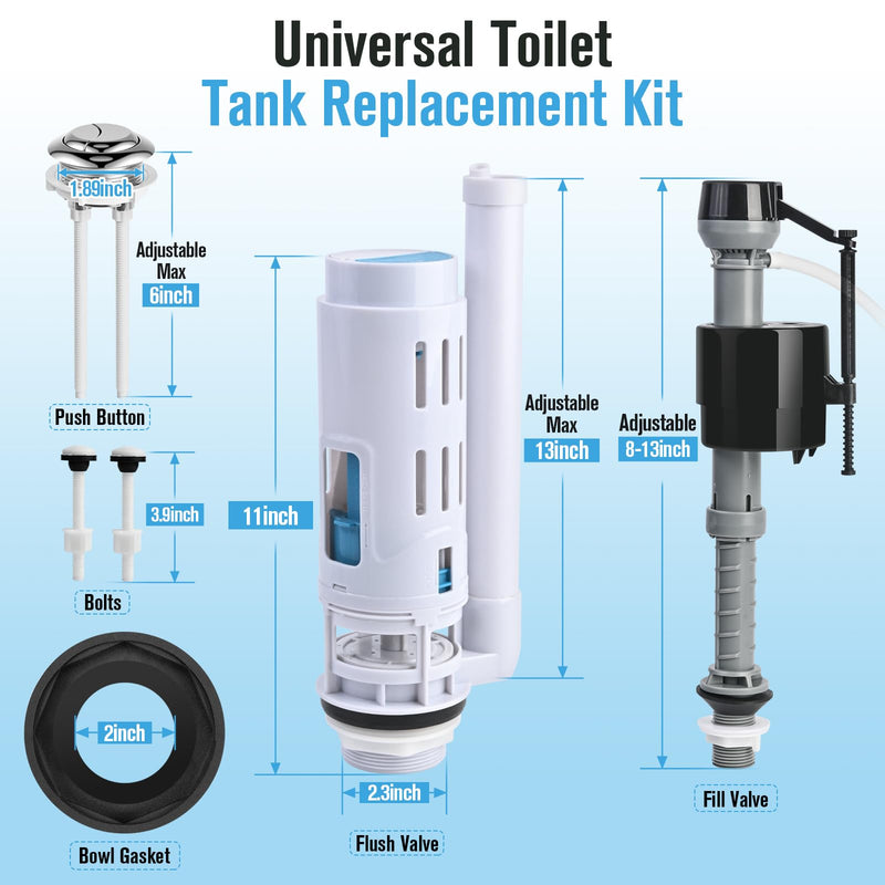 2-Inch Dual Flush Valve & Fill Valve Replacement Kit for 2-Piece Toilets, Complete Toilet Repair Kit Inside Tank with Push Button, Gasket & Bolts, Compatible with Glacier Bay, Toto & American Standard 2 inch