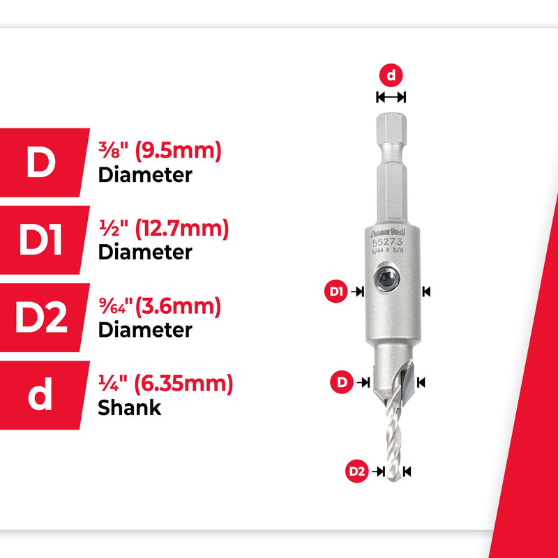 Amana Tool Carbide Tipped 82 Degree Countersink Drill Bit, 55273, 3/8 Dia x 9/64 Drill D x 1/4 Inch Quick Release Hex Shank for Tool 55228