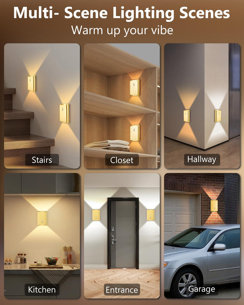 Rechargeable Motion Sensor Wall Sconce Set of 2 – 5000mAh Wireless Battery Operated Wall Light Indoor,3 Colors Up/Down Lighting Magnetic Night Light with Remote Control for Bedroom,Hallway (Gold) Gold 2 Pack