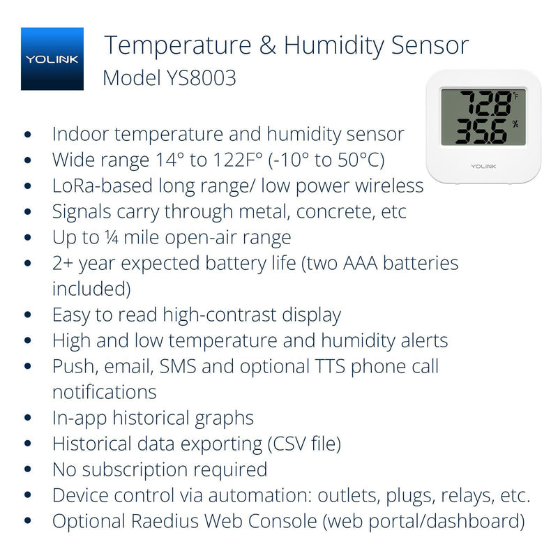 YoLink Smart Wireless Temperature & Humidity Sensor, Wide Temp Range for Fridge, Green House, Pet Cage, App Alerts, Emails, Text/SMS alerts- Hub Required 1-Pack without Hub