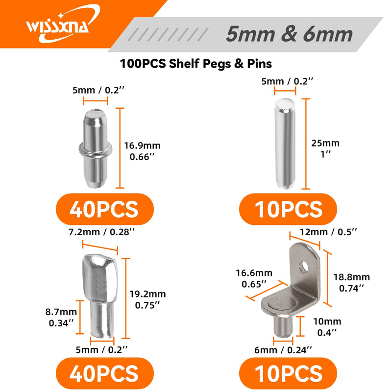 100Pcs Shelf Pegs for Shelves, 4 Styles Shelf Pins Kitchen Cabinet Shelf Pegs, Nickel Plated Shelf Holders Pegs, Bookshelf Pegs for Shelves, Metal Shelf Support Pegs & Pins (5mm & 6mm)… 5mm & 6mm Nickel