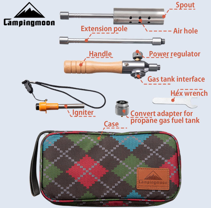 CAMPINGMOON Camping Grill Torch Dual Fuel Head Flame Adjustable for Charcoal Starter with Storage Case MT-3955/I-1010 (Propane + Isobutane) Propane + Isobutane