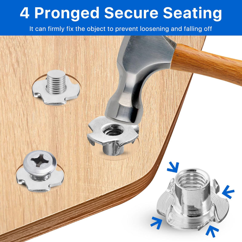 100 Pack 1/4"-20 T-nut, 304 Stainless Steel Threaded Insert, 4-Pronged Tee Nut for Wood,Rock Climbing Holds,Cabinetry,Furniture