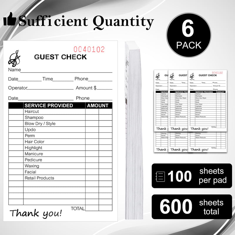 6 Pack Salon Check Pad Guest Checks Books Server Note Pads Waiter Checkbook Beauty Salon Receipt Ticket Book Barbershop Supplies 2.99×5 inch 100 Sheets for Salon Barber Shop 6