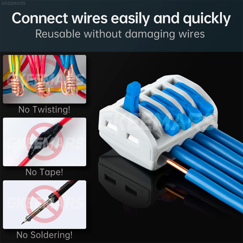 GKEEMARS 50Pcs Lever Wire Connectors, Compact Splicing Conductor Connector for Solid Stranded Flexible Wires 28-12 AWG (Blue)