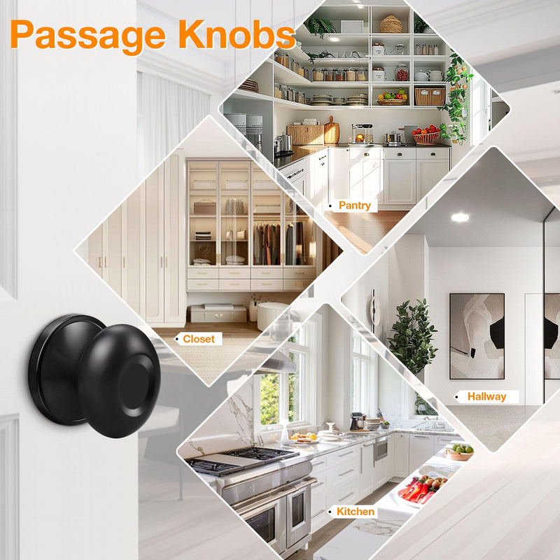 Gobrico 3 Pack Black Passage Door Knobs Egg Oval Door Knobs for Hall and Closet Black Interior Door Handles Keyless Door Locks Passage Function Passage (Without Locking)