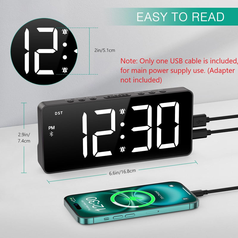 ORIA Digital Alarm Clock, LED Bedroom Clock with Bluetooth Sync Time, Auto Sync Time Alarm Clock, Adjustable Volume Brightness, Snooze, Rechargeable Large Display for Home Living Room