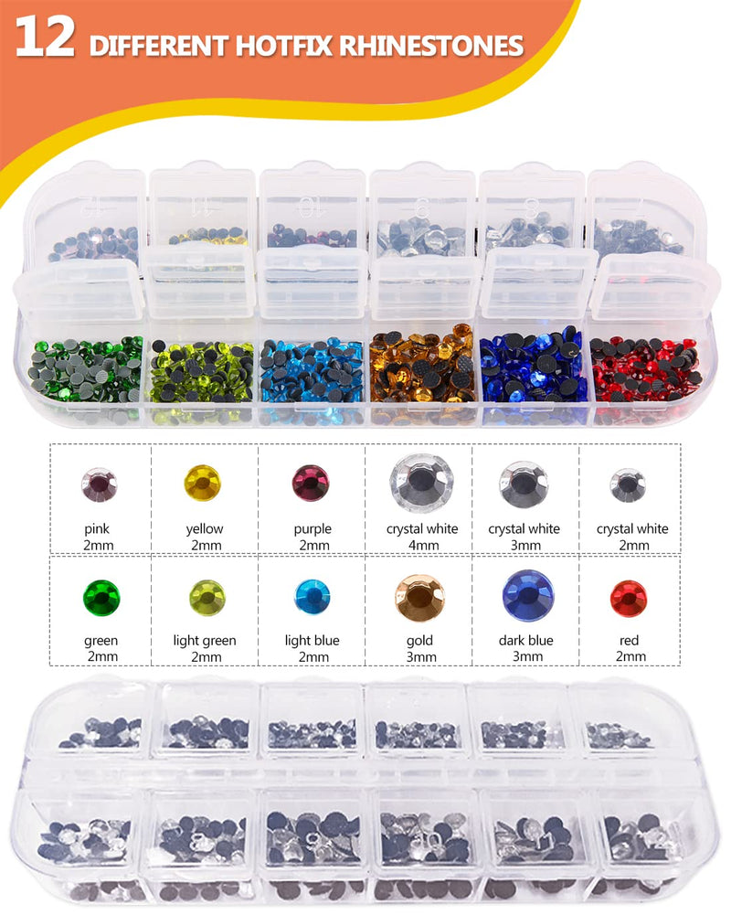 Hotfix Rhinestone Applicator, Genround Iron-on Hotfix Applicator Tool Wand Tool Set with 2 Boxes of Flat Back Gems Round Crystal Rhinestones/Storage Box/Tweezer/Gems Picking Pen for Clothes Shoes Card Pink -2 Boxes of Gems