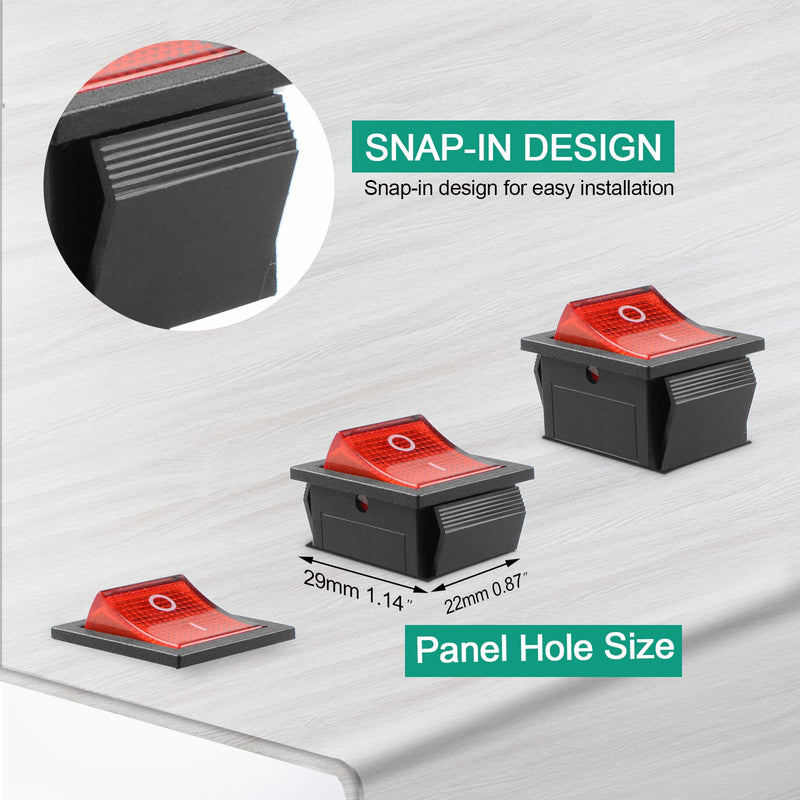 QTEATAK 2Pcs AC 20A/125V 15A/250V DPST 4 Pins 2 Position ON/Off Boat Rocker Toggle Switch with Red LED Light AC 16A/250V 20A/125V